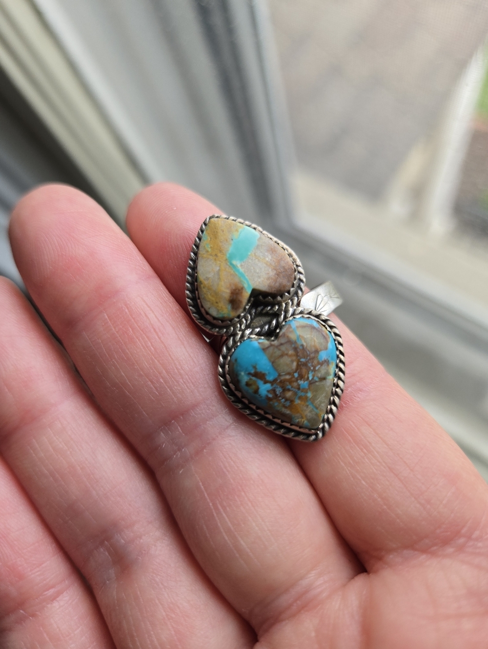 Handmade Sterling Silver Royston Ribbon Turquoise Adjustable Ring Signed - Picture 5 of 15